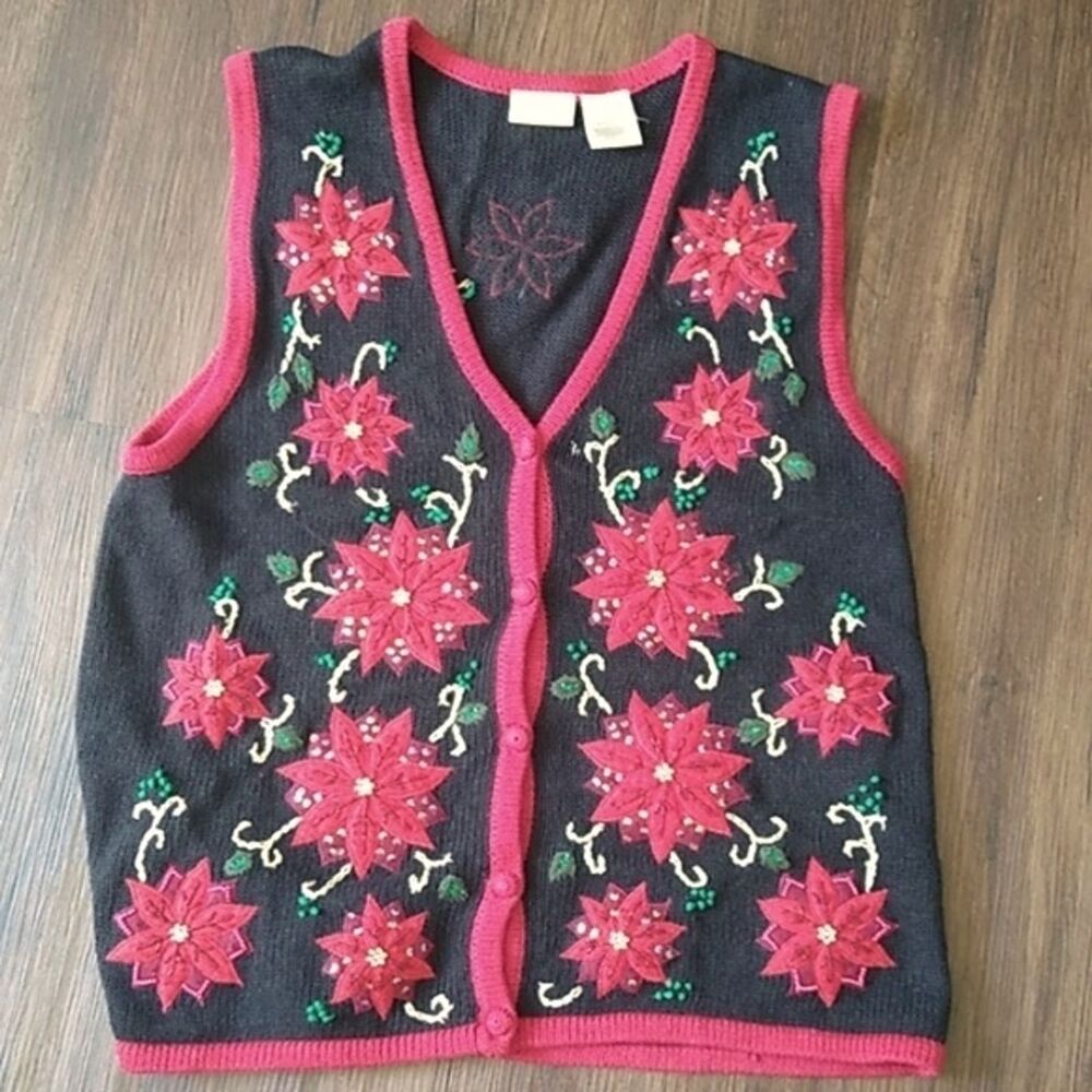 Bobbie Brooks vintage poinsettia sweater vest Y2K 80s 90s Retro Party sz L